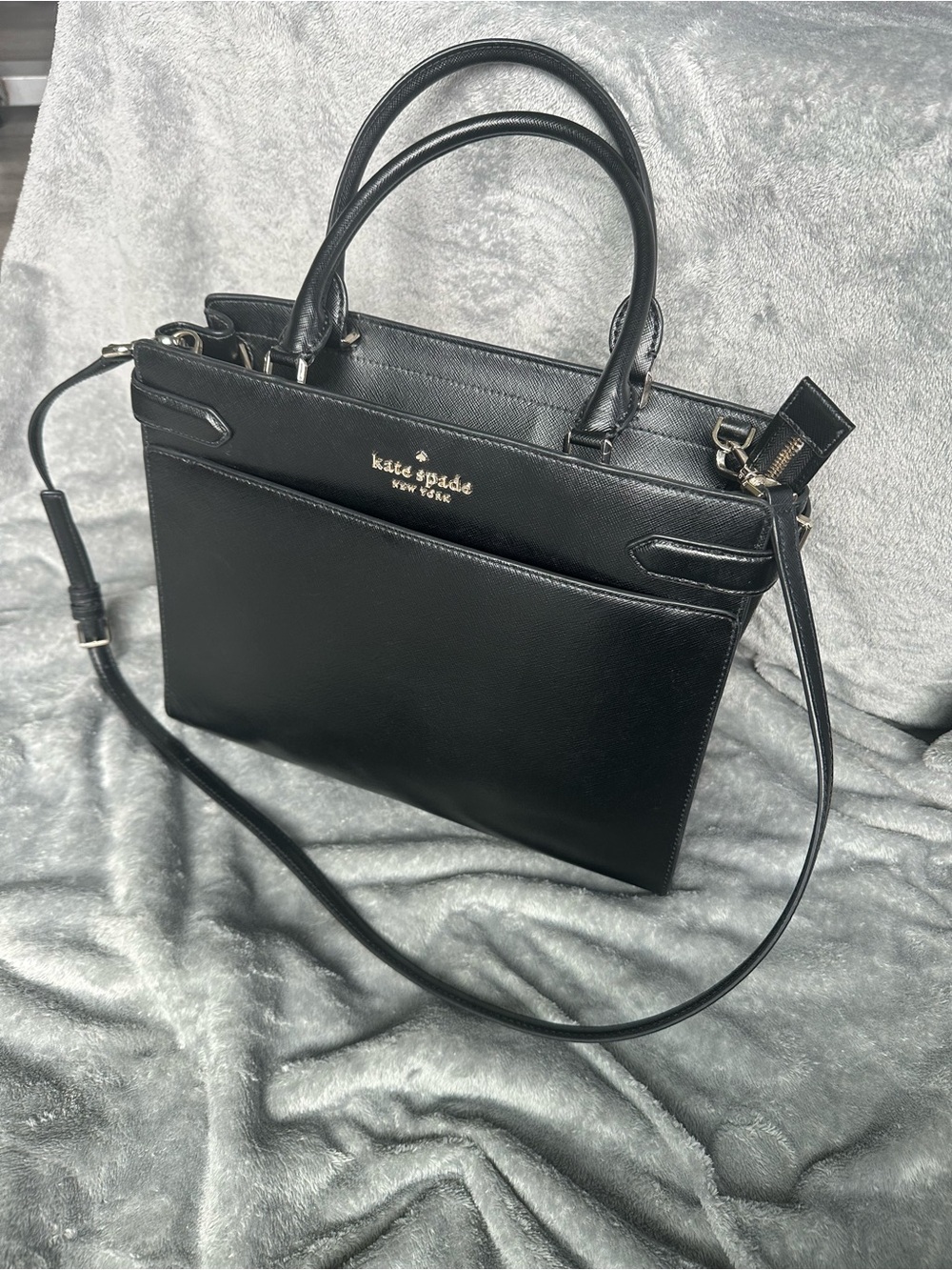 kate spade Black Leather Structured Top-Handle Satchel with Crossbody Strap